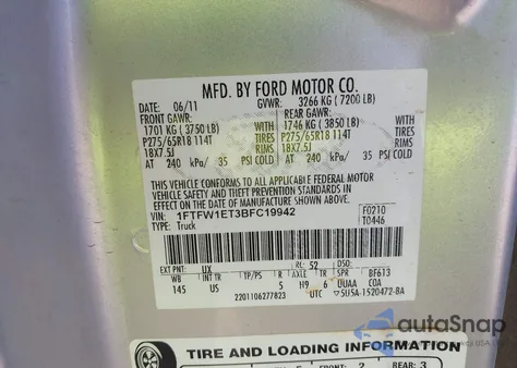 2011 Ford F-150 Xlt из США, поврежденный, VIN 1FTFW1ET3BFC19942